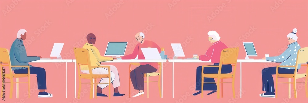 Aufkleber A group of elderly learners focus on computer skills, working together at long tables with laptops and desktops in a friendly atmosphere. Generative AI