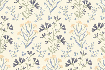 Minimal Floral pattern seamless paisley embroidery texture pink blue cornflower motifs. Vintage ikat style vector illustration design hand drawn meadow wildflowers.