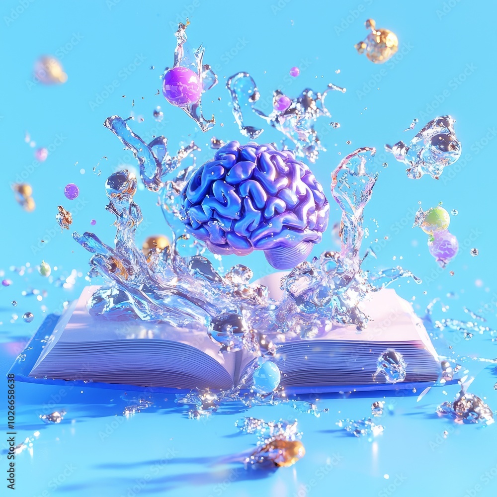 Poster there is a book open and a brain appears from its pages, surrounded by floating objects representing