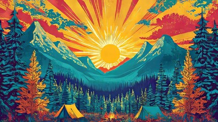 An illustration from a retro coloring book depicts a cozy campsite featuring a tent and nature elements to relax in