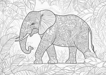 The elephant is stylized amid the leaves of the palm tree. Freehand sketch made for a coloring book page combining doodles and zentangles for adults.