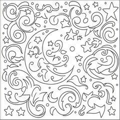 Moon crescent clouds and stars in zentangle style isolated on white.