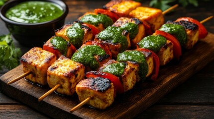 Close-up of grilled paneer skewers with red bell peppers and green chutney on a wooden board.