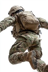 Fototapeta premium In combat uniform, shirtsleeves rolled up, helmet, eyeguards, and night vision goggles, ready to fire. Low readiness position. Studio shot with white background.
