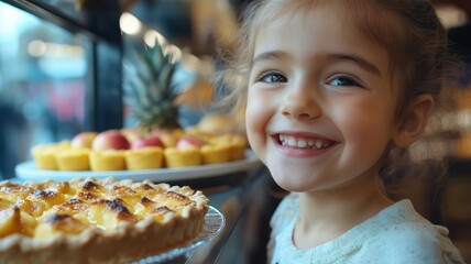 Joyful of a child exploring the bakery, fascinated by the variety of pie apple.