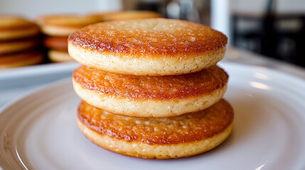 A stack of pancakes on a white plate in the kitchen. Close-up