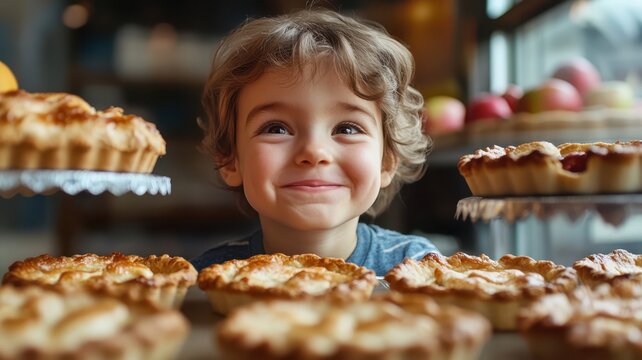 Boy captivated by the golden pie apple in cafe, their buttery texture inviting a taste.