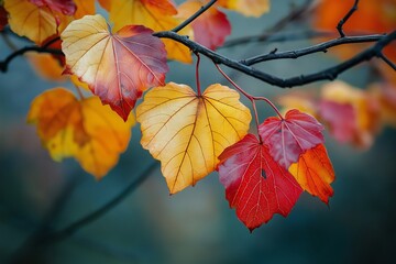 Obraz premium Bright multicolored autumn leaves hang from a branch, showcasing nature's bold spectrum and seasonal transition.