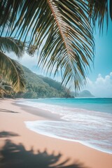 A scenic tropical beach with palm trees, golden sand, and gentle blue ocean waves stretching out to the horizon.