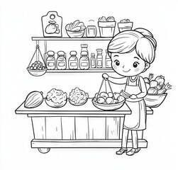 The greengrocer in a market stands behind a counter surrounded by vegetables and fruit, a cartoon-style black and white illustration aimed at kids