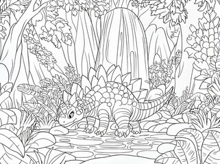 Obraz premium The Cartoon prehistoric dinosaur stegosaurus can be colored in a fun way, coloring book illustration