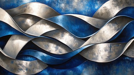 Abstract metallic ribbons flowing across a blue and white background.