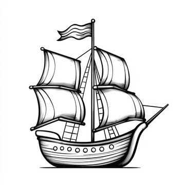 recommend clip art: The outline of a cartoon sail ship. Transport images for children. Vector. Coloring book for kids.