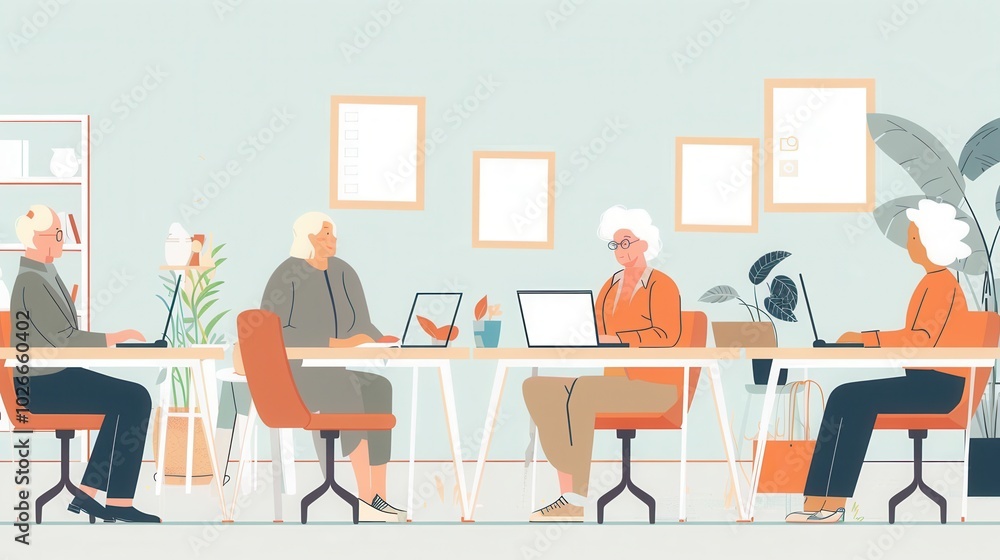 Poster a group of elderly learners engages with laptops during computer classes, focusing on improving thei