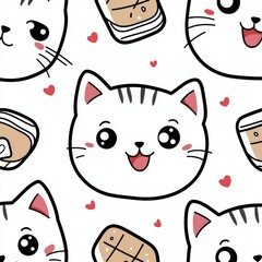 Anime cats with food and sweets for children and adults. Black and white illustration.