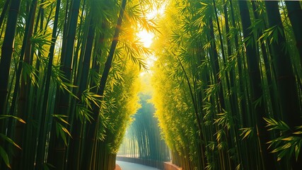 Golden sunlight filters through a lush bamboo forest, illuminating the vibrant green leaves and sturdy stalks, amidst a