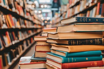 On a wooden table in a room, a stack of colorful books is arranged in a selective manner.