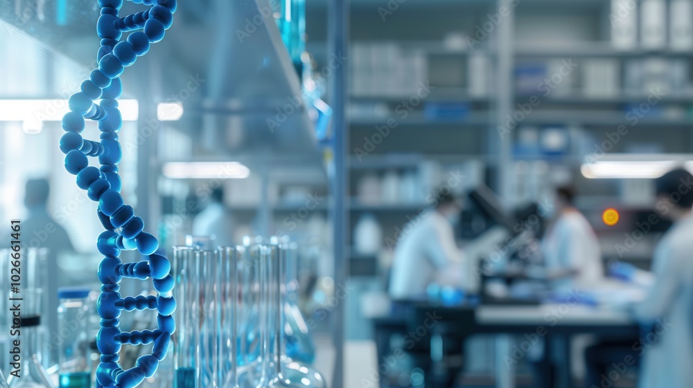 Poster A blue DNA strand is prominently featured while scientists work in the background, conducting research in a modern laboratory. Generative AI