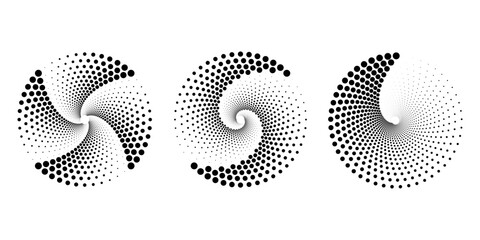 Set of black dotted vortex shapes. Geometric art. Halftone dots. Trendy design element for logo, tattoo, sign, symbol, web, prints, posters, social media, template, pattern and abstract background