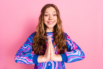 Photo of pretty young woman arms plead wear pullover isolated on pink color background