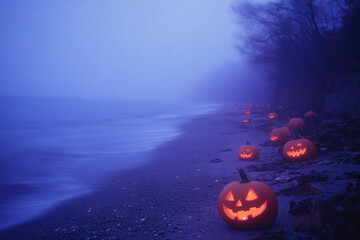 Naklejka premium Haunting Jack-o'-lanterns on Foggy Beach at Dusk