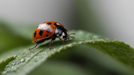 Naklejka premium A ladybug with black spots on a green leaf.