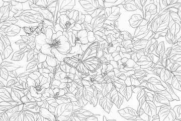 The field of wild ornate flowers is surrounded by flying butterflies