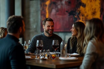 Friends laughing and dining at a modern upscale restaurant, man with a wine glass.
