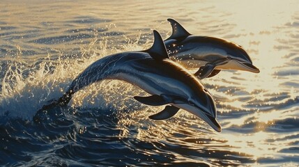 Fototapeta premium Two playful dolphins leap from the water at sunset, creating a splash of water.