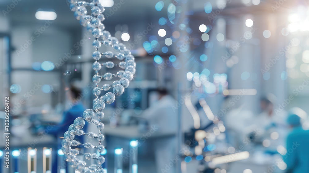 Poster a clear dna strand is prominently displayed, with researchers working in a laboratory in the backgro