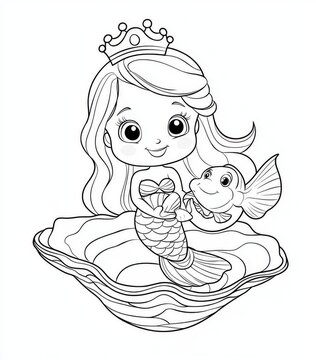 recommend clip art: Angry seahorse holds a mermaid princess. Isolated outline for coloring book page.