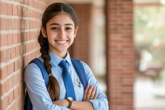 In front of camera is a happy smiling girl kid in school uniform with arms crossed, looking at the camera - depicting the concept of education, knowledge and childhood development.