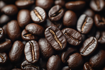 Obraz premium Closeup fresh roasted Arabian or aroma coffee beans background. Food pattern. Love organic coffee concept backdorp. Top view, flat lay with copy space for cafe advertising, package design