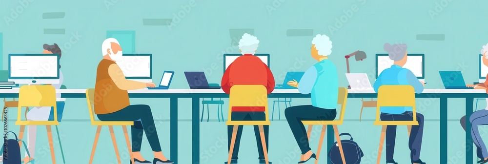 Leinwandbilder A diverse group of elderly individuals focuses on computer tasks, learning valuable skills in a supportive community setting. Generative AI