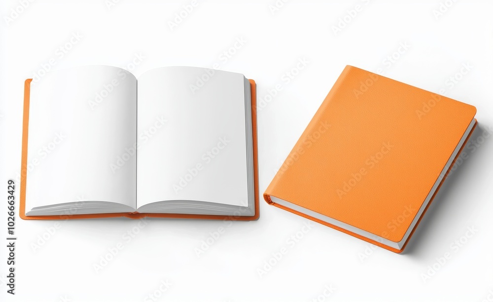 Poster closed and open orange notebooks isolated on transparent background