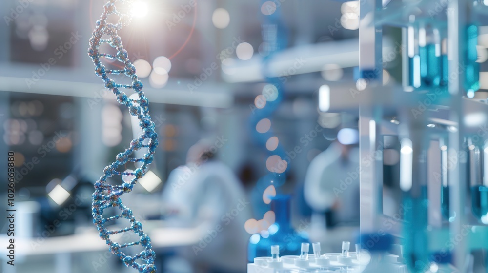 Poster A detailed DNA strand highlighted against a blurred laboratory setting where scientists are engaged in research and experimentation. Generative AI