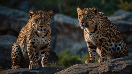 Naklejka premium Two leopards sit on a rock, looking alert and focused.