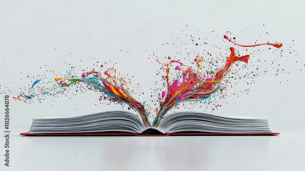 Poster it's like an open book with colorful paint splattering out. generative stock