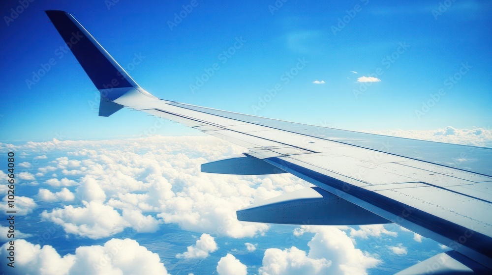 Wall mural airplane wing flying above fluffy white clouds on a bright blue sky.