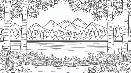 Fototapeta premium Kids will enjoy this black-and-white page of a landscape.