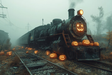 Obraz premium Haunted Halloween Train with Jack-O'-Lanterns