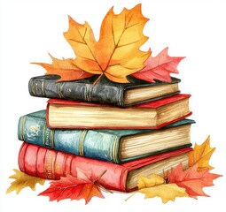 Fall clipart isolated on white background showing books and autumn leaves in watercolor.
