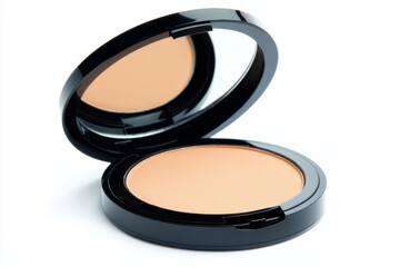 Compact powder case with a mirror inside, slightly open, showcasing a smooth pressed powder, isolated on a white background