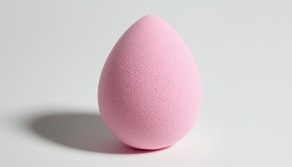 Fototapeta premium Soft pink beauty blender sponge, slightly angled on a clean white surface, highlighting its smooth texture