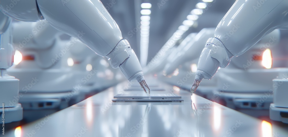 Poster robotics and ai technology collaborating to produce microchips on a spotless, automated factory floo