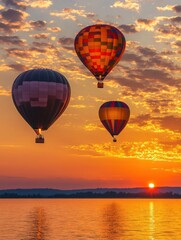 Obraz premium Hot air balloons in bright colors drift peacefully over the calm waves, illuminated by a breathtaking sunset on the horizon. Generative AI