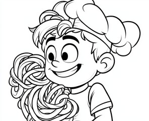 A funny cartoon illustration for a coloring book featuring a funny young chef in a chef hat holding a platter with freshly cooked very long spaghetti