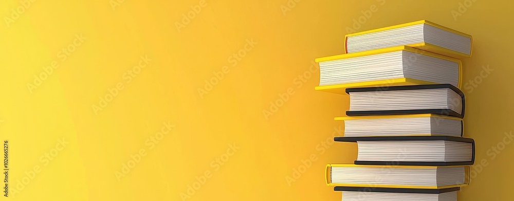 Poster yellow background with books stacked on it. there is blank space behind each book for writing.