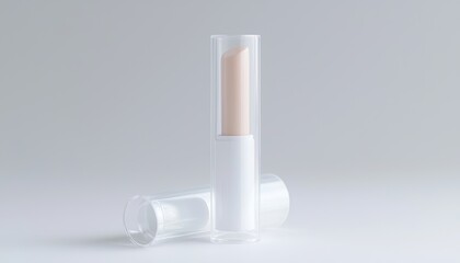 Clear lip balm tube with a simple design, the balm slightly pushed out, placed on a clean white background