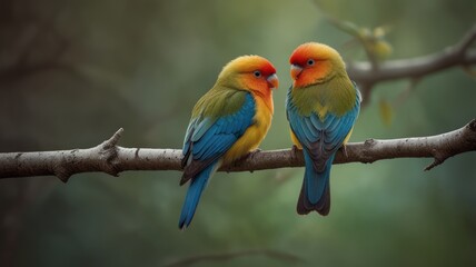 Fototapeta premium Two colorful parrots perched on a branch, looking at each other with a soft green and brown background.